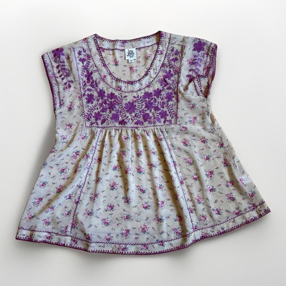 Ivy Jane Floral Embroidered Round Neck Short Sleeve Blouse Womens S